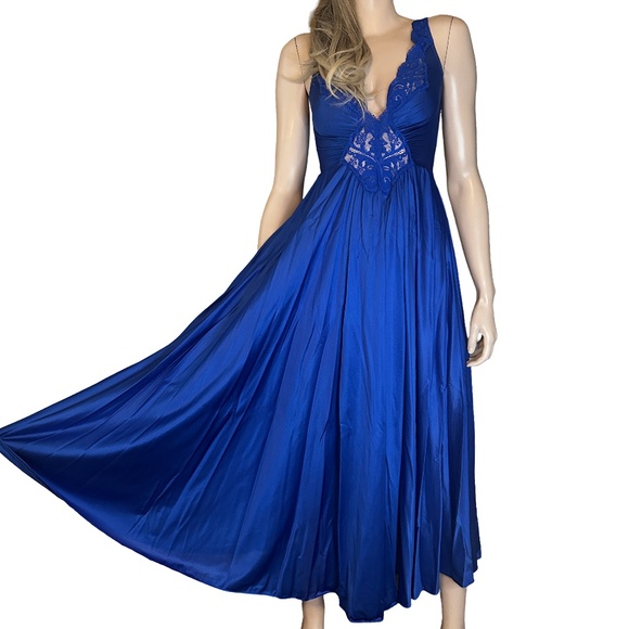 Olga Cobalt Blue Lingerie Set Negligee Full Sweep Nightgown Robe Lace Vtg 80s - Picture 2 of 16